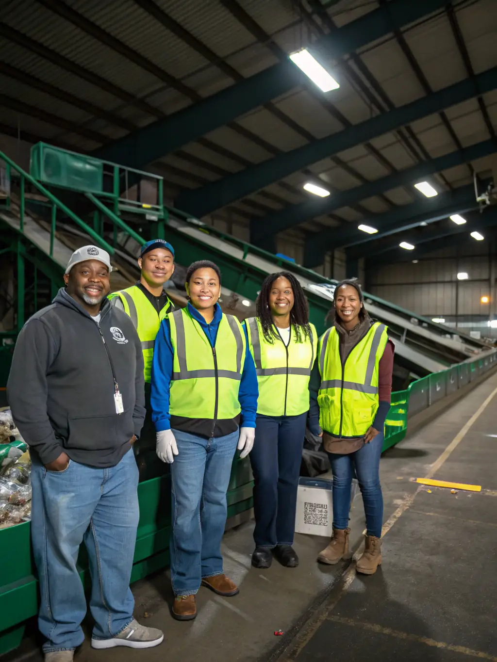 A group of young adults working together at a Strive4Purpose recycling center, smiling and engaged in the process.