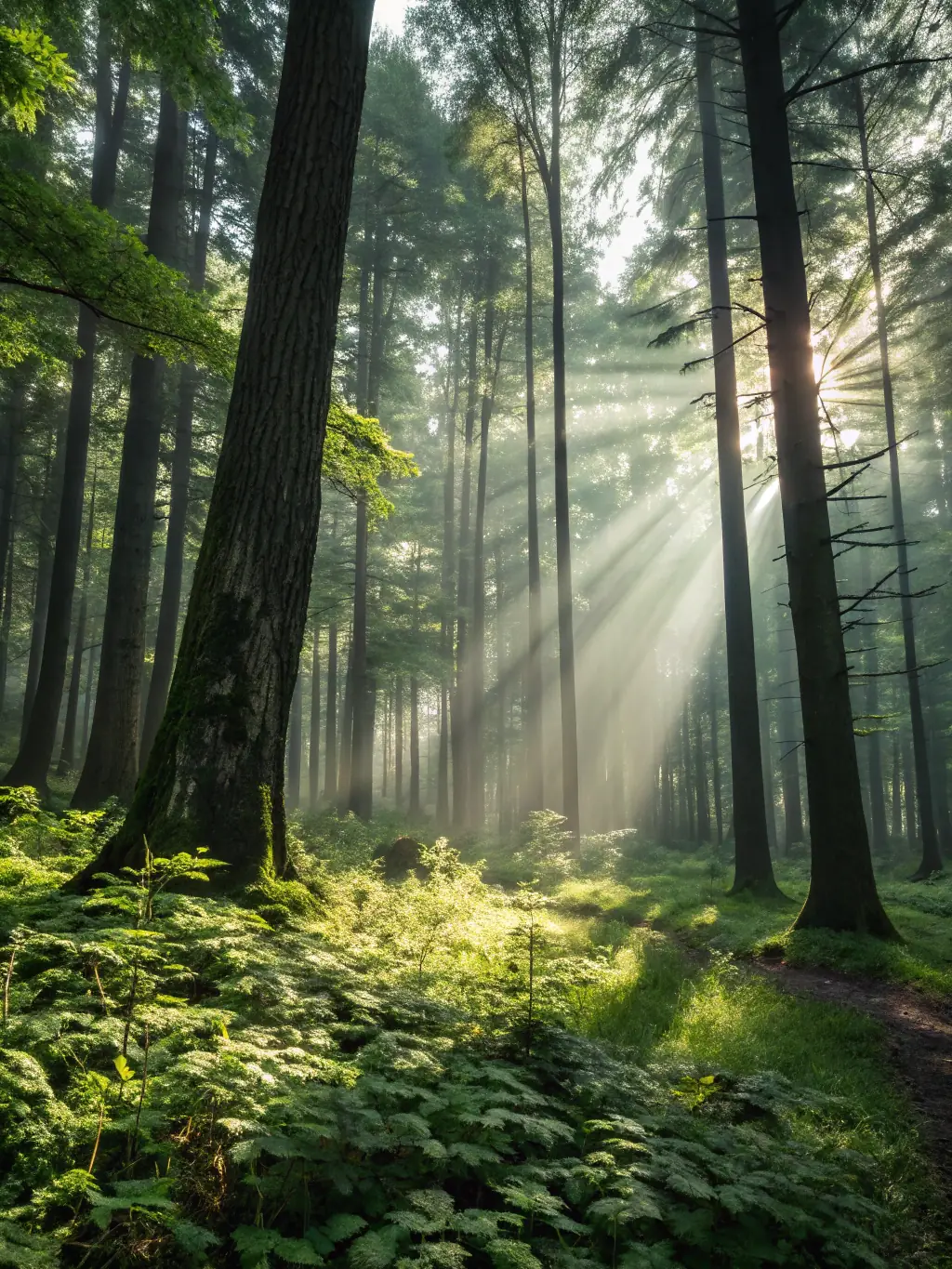A photo of a lush green forest with sunlight filtering through the leaves, symbolizing the environmental benefits of recycling.